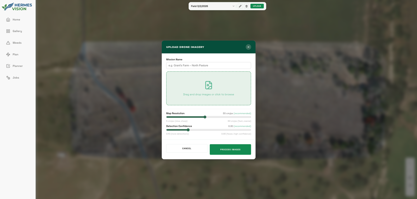 Hermes Vision web platform: upload field imagery
